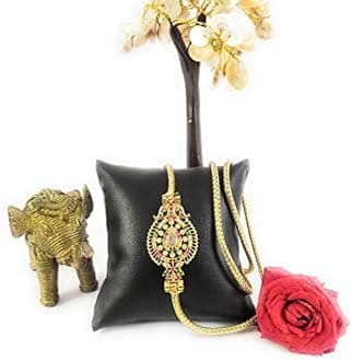 One Gram Micro Gold Plated Traditional Designer Ruby Emerald AD Mugappu Chain for Women and Girls OFT-MC1230