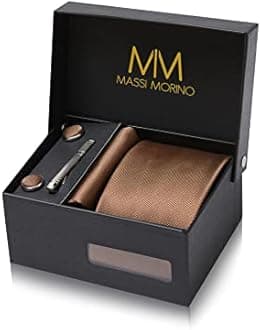 Massi Morino Men's Tie Set with Pocket Square, Cufflinks, Clip and Gift Box for Wedding