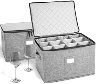 storageLAB Wine Glass Storage Containers, Hard Shell Organizer for Stemware and Glassware Sets, Stackable Wine Glass Storage Box with Dividers for Kitchen and Moving Supplies - 2 Pack Set, Gray