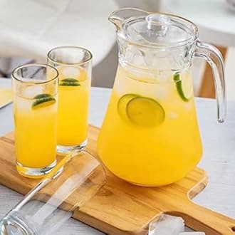 bellemax Italian Premium Water and Juice Glasses Set of 6 and Jug Set Combo,(6 Pieces Glasses 350ML and 1 Water Juice Jug 1.6 Liter), Transparent, Glass and Jug Set (Round)