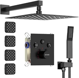 Shower Faucet Set Matte Black Shower System, Bostingner 12" Rain Shower Head with Handheld Spray and 4 Body Jets,Can Run Together,3 Way Shower Set with Thermostatic Valve and Trim Kit