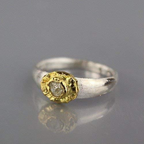Raw Diamond Engagement Ring Set in 22K Solid Gold Bezel with a Sterling Silver Band, Rough Diamond Wedding Ring