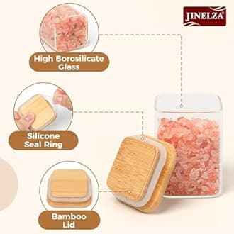 Jinelza Airtight clear glass storage canister with wood lid food storage container jar with sealing bamboo lid for kitchen storage and multipurpose use (220ML SQUARE JAR, 6 PCS)