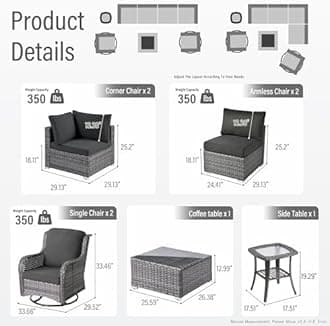 HOOOWOOO Patio Outdoor Sectional Furniture Sofa Set with Swivel Chairs,8 Piece L Shaped Corner Wicker Rattan Couch Set with Glass Table,Modern 6 Persons Summer Patio Conversation Set(Black)