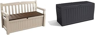 Keter Eden Bench Outdoor Storage Box Garden Furniture, Beige and Brown, 140 x 60 x 84 cm & Marvel+ 270L Garden Storage Box - Graphite Grey