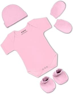 100% Cotton Biowash White Romper for Newborn Baby Romper Set with Cap Booties & Mittens 0–6 Months