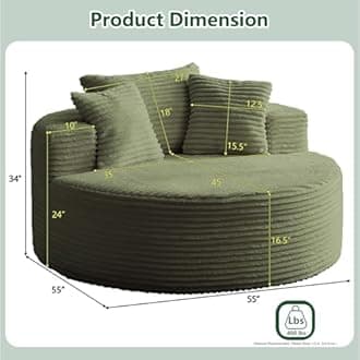 55''L Oversized Round Chaise Longue Chair Indoor, Corduroy Sponge Single Sofa, Oversized Round Chairs, Modern Sleeper Chair for Living Room,Projection Room, Wide Armrest Chairs Green