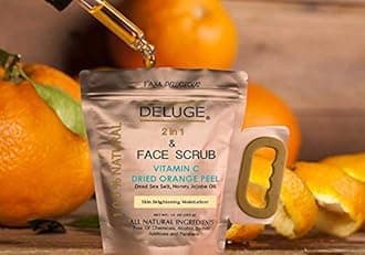 DELUGE - VITAMIN C SCRUB. DRIED ORANGE PEEL. DEAD SEA SALT, HONEY AND JOJOBA OIL. Net Weight 10 oz