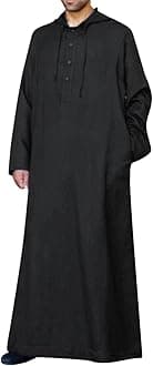 Muslim Hooded Kaftans for Men Linen Robe Long Sleeve Button Down Long Gown Drawstring Shirts Thobe with Pockets