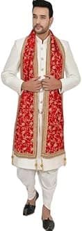 GenericTraditional Men's Wedding Sherwani with Red Velvet Dupatta, White Kurta Set, Indian Ethnic Wear