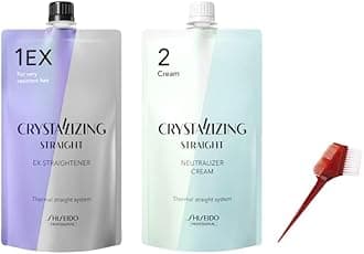 Japanese Hair Rebonding and Straightening Treatment - Permanent Crystallizing Straightener (1EX) with Neutralizing Cream (2) for Very Resistant Hair, Includes Hair Brush