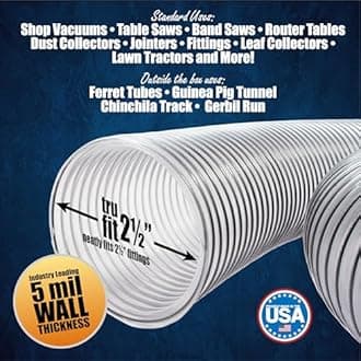 PVC Dust Collection Hose w/4 Thumbscrew Clamps, Puncture Resistant, Carbon Steel Wire, Clear Flexible PVC Dust Collector Hose, Proudly Made in USA (2 1/2" x 20')