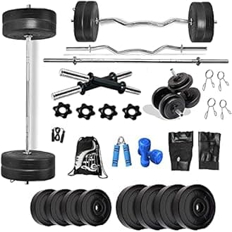 Bodyfit Home Gym Set 8 Kg to 100 Kg with Straight and Curl Rod + Dumbbell Rods Complete Exercise Equipments 1Kg Pair Dumbbell. (40 Kg Weight Plates)