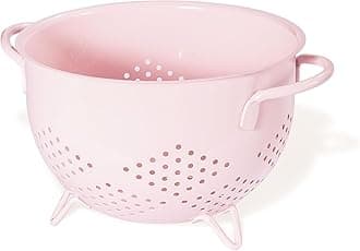 Metal Colander with Handle, 5 Quart Large Pasta Strainer, Kitchen Drain Basket with Three-Leg Base for Vegetable Fruit Berry (Pink)