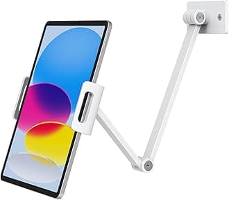 BEWISER Tablet Wall Mount Holder,Swivel 360° Rotating Flexibly, Height and Angle Adjustable, High-Grade Aluminium Alloy Long Arm Compatible with4.7-12.9" Phone and Tablet in Kitchen or Office (White)