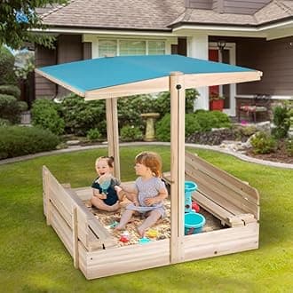 Sandbox with Lid and Cover, Wooden Cabana Sand Box with Canopy for Kids Ages 4-8, Retractable & Rotatable Roof, UV-Resistant Sandbox w/2 Foldable Bench Seats for Backyard, Patio, Outdoor Play