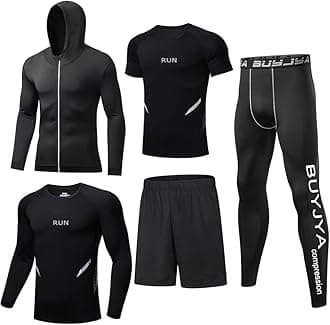 BUYJYA5Pcs Men's Compression Pants Shirt Top Long Sleeve Jacket Athletic Sets Gym Clothing Mens Workout