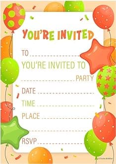 32 Kids Childrens Birthday Party Invitations with Envelopes Invitation Pack of 32 Orange Balloon Invites - Designed and Printed in the UK