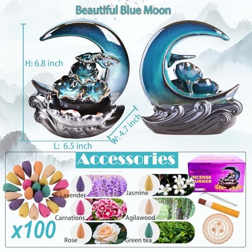 New Moon Backflow Incense Holder,Waterfall Incense Burner ，Ceramic Hand-Made Incense Fountain Burner with 100 Backflow Incense Cones，Fragrance Incense Stick，mat，Aromatherapy Home Decoration