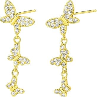 14K Gold Plated Butterfly Dangle Earrings for Women - Dainty, Trendy, Hypoallergenic CZ Drop Earrings - Simple Long Dangling Jewelry