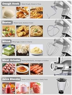 Vospeed 9 IN 1 Stand Mixer, 850W Tilt-Head Multifunctional Electric Mixer with 8 QT Stainless Steel Bowl, 1.5L Glass Jar, Meat Grinder, Hook, Whisk, Beater Dishwasher Safe (Silver)