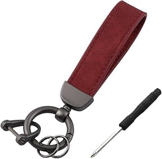 Kewucn Genuine Leather Car Keychain, Universal Heavy Duty Metal Auto Key Fob Holder with Anti Lost D-Ring for Men Women （Black-Wine Red）