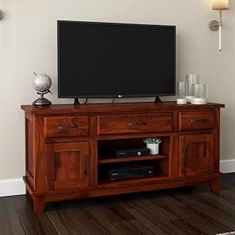Solid Sheesham Wood Entertainment Tv Unit for Living Room | Free Standing Media Console Tv Cabinet Sideboard | Tv Table Side Board with 3 Drawer, 2 Shelf & 2 Door Cabinet | Dark Honey