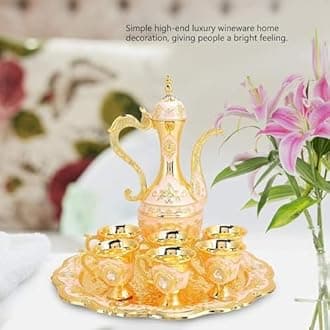 Tea Set of 6 with Tea Tray Teapot Set,Coffee Cup Set Vintage Turkish Coffee Pot Metal Turkish Set for Home Bar,Party