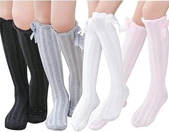 Toptim Little Girl's Knee High Socks Over Calf Kids Overknee Stockings Bow Style 3-12T(Pink/White/Grey/Black)