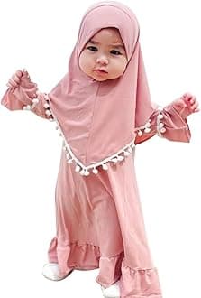 Newborn Infant Baby Girls Prayer Dress Muslim Clothes for Toddler Kids Long Sleeve Abaya with Hijab Two Piece Set