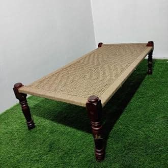 Rajasthani Wooden Khatiya Khaat | Traditional Handcrafted Wooden Charpai Bed | 6x3 Feet | Solid Wood Frame with Durable Cotton Ropes for Home, Garden, or Outdoor Use (Jute)