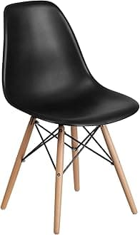 Flash Furniture Elon Series Plastic Modern Dining Chair with Wooden Legs, Mid-Century Side Chair for Dining Rooms and Offices, Black