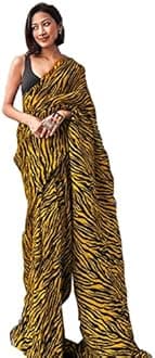 Shiv Textiles Women's Pure Georgette Saree With Blouse Piece (ST-ZEBRA-CRUSH-MUSTARD)