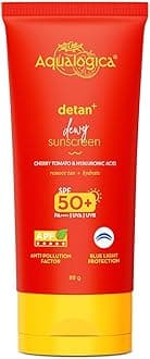 Detan+ Dewy Sunscreen SPF 50 PA++++ with Cherry Tomato, Hyaluronic Acid & Zinc Oxide | Brightening & Hydrating Sunblock for Glowing Skin | Fragrance-Free, For Men & Women – 80g