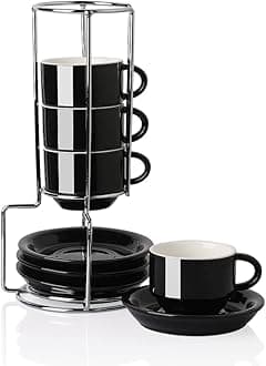 Sweejar Porcelain Espresso Cups with Saucers, 2.5 Ounce Stackable Cappuccino Cups with Metal Stand for Coffee Drinks, Latte, Tea - Set of 4 (Black)
