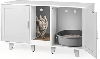 GYMAX 2-Door Cat Litter Box Enclosure, Large Stackable Hidden Privacy Kitty Washroom Furniture Cabinet with Winding Entry and Scratching Board, Indoor Cat House TV Stand Side Table (Grey)
