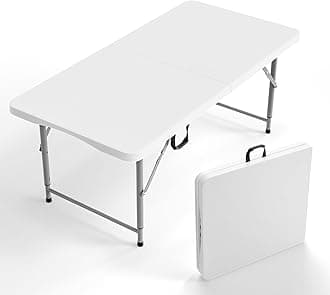 VINGLI4 FT Plastic Folding Camping Table,3-Level Adjustable Height, Portable in/Outdoor Party Picnic Dining Desk,Off-White Garden Soccer Multipurpose Entertaining Activities