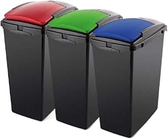 Addis Recycling 40 Litre Set of 3 Waste Utility Plastic Bins with Interlocking Clips, Colour Coded Lids â€“ Blue, Red & Green, 3 x 40L
