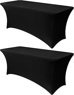 Obstal 6ft Stretch Spandex Table Cover for Standard Folding Tables - 2 Pack Universal Rectangular Fitted Tablecloth Protector for Wedding, Banquet and Party, Black