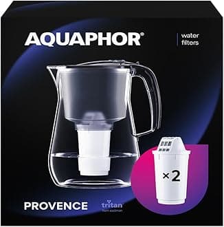 AQUAPHOR Provence Black Water Filter Jug Counter Top Design with 4.2L Capacity, 2 X A5 Filters Included, Reduces Limescale, Chlorine & Microplastics, Perfect for Families, Premium Quality Glass Effect