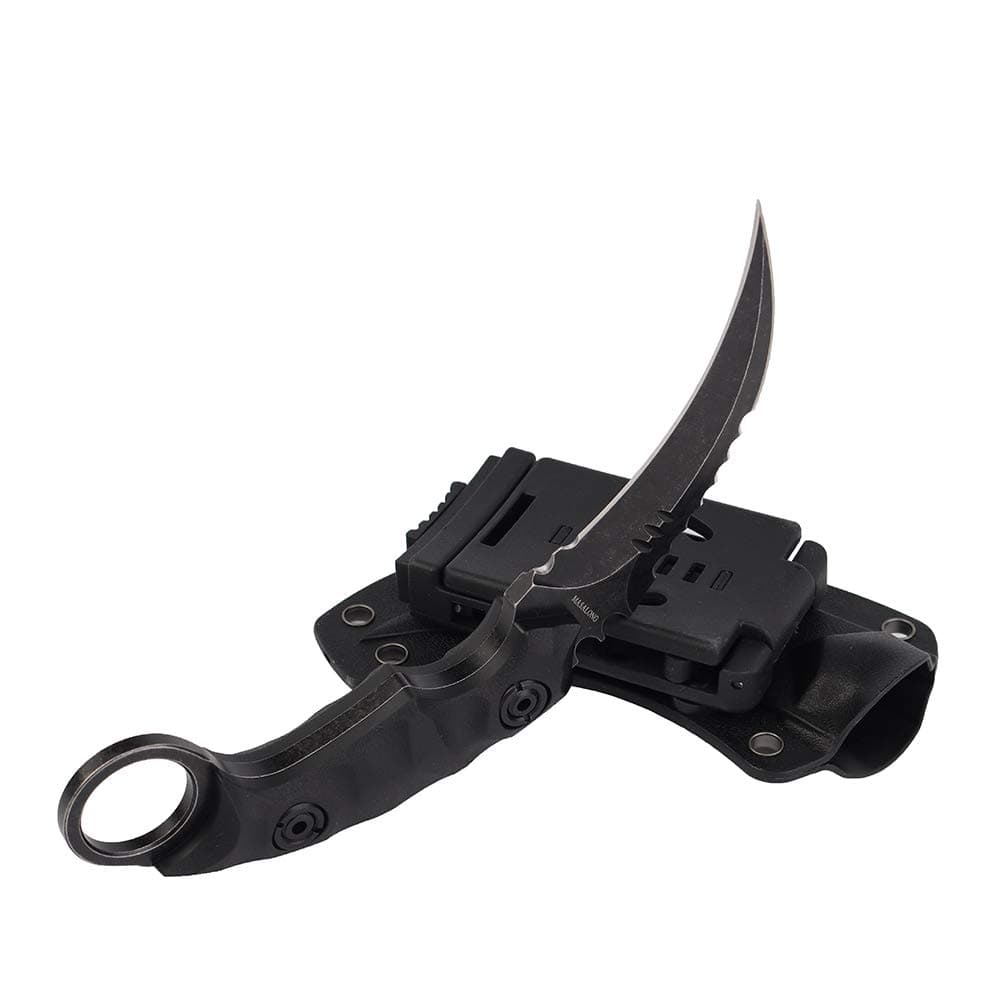MASALONG Outdoor Survival claw Tactical teeth Knife Double edged sharp Fixed Blade Knife With Sheath (5CR Black Stone wash Black handle)