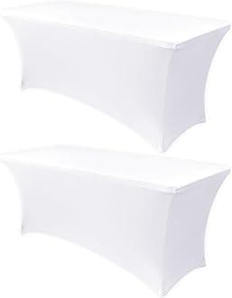 Obstal 4Ft Stretch Spandex Table Cover for Standard Folding Tables - 2 Pack Universal Rectangular Fitted Tablecloth for Party, Banquet, Events, Trade Show (White, 48L x 24W x 30H Inches)