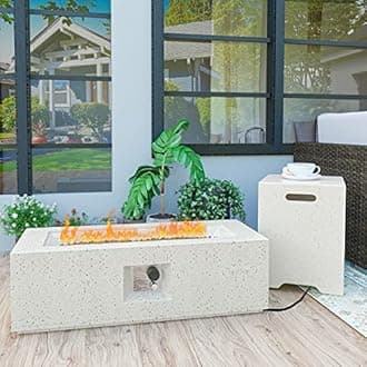 HOMPUS Outdoor Propane Fire Pit 50,000 BTU 42-inch x 17-inch Rectangle Concrete Gas Fire Table Outside Smokeless Firepit Furniture with Tank Cover,Lava Rocks and Rain Cover for Garden,Deck,Backyard