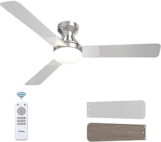 Amico Ceiling Fans with Lights, 52 inch Low Profile Ceiling fan with Light and Remote Control, Flush Mount, Reversible, 3CCT, Dimmable, Noiseless, Nickel Ceiling Fan for Bedroom, Indoor/Outdoor Use