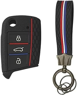 Striped Silicone Car Key Cover & Keychain & Fob Holder Black fit for Volkswagen Taiguan, Virtus, Tiguan, T-ROC, Jetta (3 Button Flip Key New)
