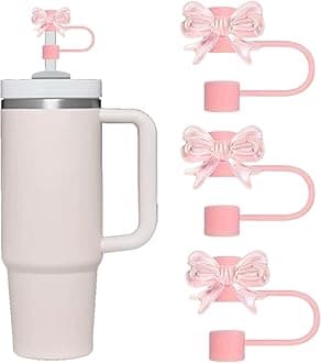 3 Pcs Bow Straw Topper Compatible with Stanley 30&40 oz Tumbler Cups, Cute Reusable 10mm Straw Toppers for Stanley Cups Straw Accessories (Pink)