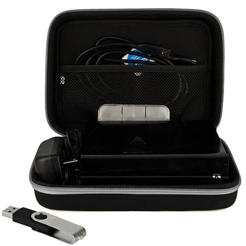 Harlin Hardshell Case for your Seagate Expansion Desktop STBV3000100 External Hard Drive in Black with a Grey trim. With 3 in 1 extra features, SD card holder, two pouches, 3 adhesive Velcro stickers and mesh pocket + 4GB USB!