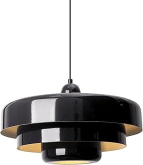 Black Mid Century Pendant Light, 59" Adjustable Hanging Cord with 3-Layer Metal Shade, Modern Chandelier for Dining Room, Kitchen Island, and Bedroom