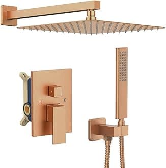 Iriber Brushed Rose Gold Rain Shower System with 12 Inch Shower Head and Handheld Bathroom Wall Mounted Shower Set Contain Shower Faucet Mixer and Trim Kit (Valve Included)