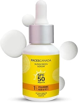 FACES CANADA Sunscreen Serum, 30ml | SPF 50 PA+++ | Protects From UVA & UVB Rays | 1% Hyaluronic Acid & Vitamin C | Lightweight | No White Cast | Natural Radiant Glow| No Alcohol | No Parabens